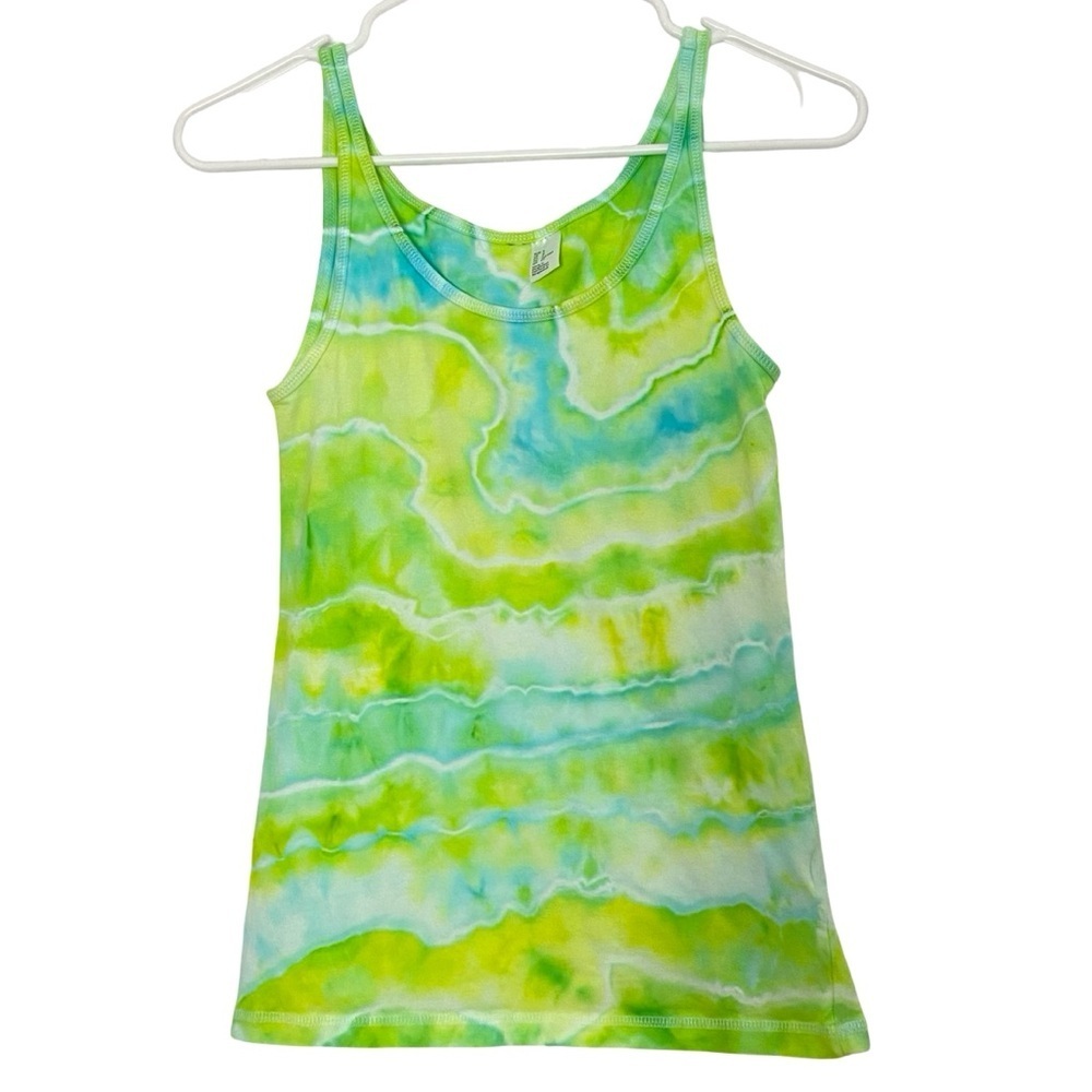 Handmade Geode Tie Dye Tank Top Women Size Small Neon Green Yellow Blue OOAK Y2K